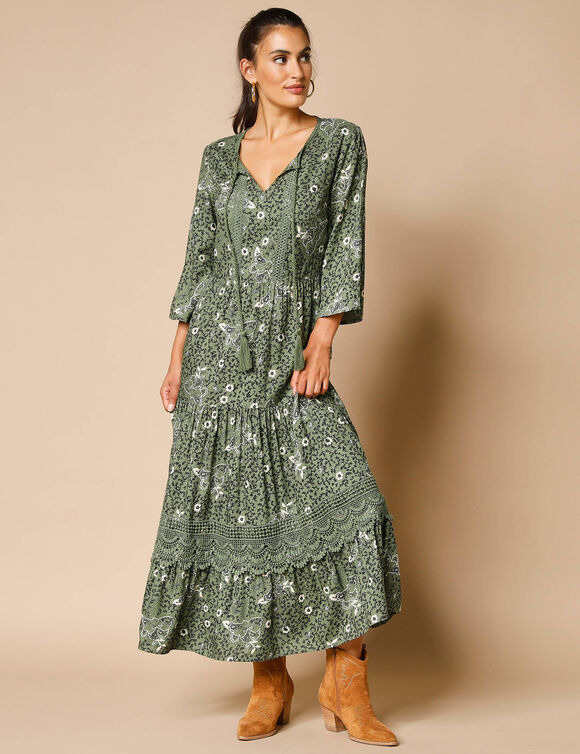 Robe longue imprimée, manches 3/4, détails macramé (kaki) Robe longue imprimée, manches 3/4, détails macramé (kaki)